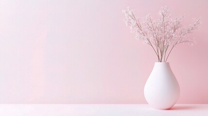 Pink Serenity: Delicate blush-colored flowers in a minimalist white vase against a soft pink wall. A calming and elegant image perfect for home decor, blogs, or websites. 