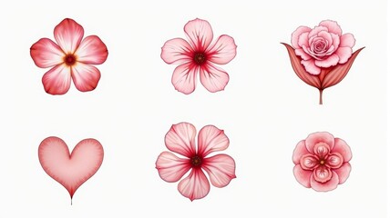 Beautiful Set of Pink Flower Illustrations with Heart Design, Perfect for Greeting Cards, Posters, and Digital Art