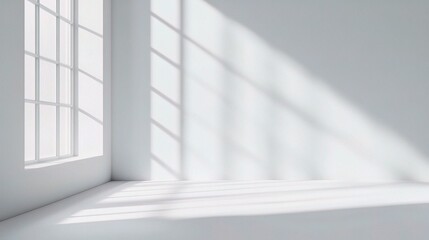 Obraz premium Sunlight Streaming Through Window: A minimalist interior design concept featuring a large window casting soft, warm sunlight across a pristine white room. The gentle rays illuminate the space.