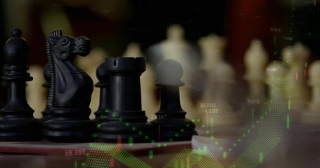 Chess pieces on board with financial data processing animation over them