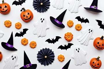 halloween seamless pattern, halloween background with pumpkin and bats, halloween icons set