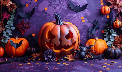 halloween decorations on violet background flat lay pumpkins bats spiders skeletons,confetti top view with copy space halloween concept.