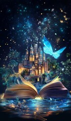 Fototapeta premium World Book Day Magic: Enchanting 3D Illustration of a Fantasy and Literature-Inspired Magical Book Containing Whimsical Tales.