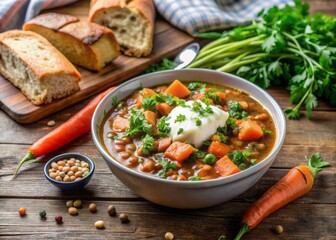 Hearty vegetarian salmon and lentil stew served with crusty bread and steamed carrots, garnished with fresh herbs and a dollop of creamy sour cream.