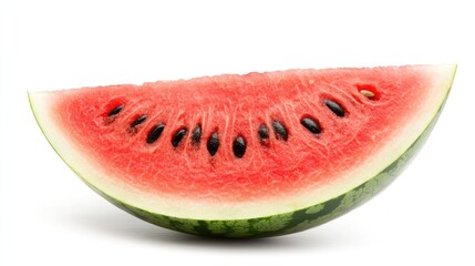 A fresh slice of watermelon with black seeds, isolated on white background.