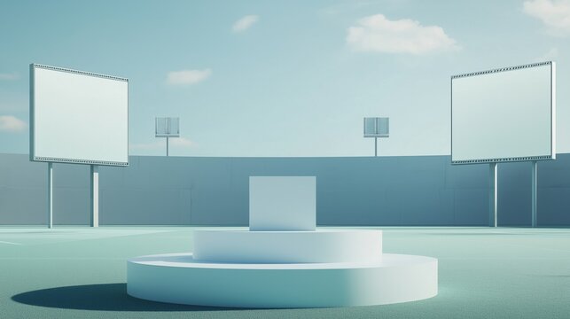 A photo of a 3D podium on a stadium field with large advertising boards in the background, isolated on a light blue background