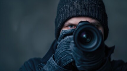 A hooded figure their face obscured stands holding a in dramatic moody lighting creating an aura of mystery and intrigue  This image evokes a sense of covert action surveillance