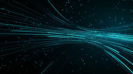 Light speed, black green and cyan light beams flying fast from center to edges of screen, with a motion blur effect. A futuristic background with a bright white star explosion.