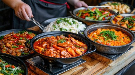 Obraz premium A captivating multicultural dining experience showcasing a variety of flavorful and diverse dishes served on a wooden table creating an inviting and appetizing atmosphere