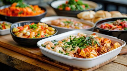 Fototapeta premium Multicultural dining experience showcasing a variety of diverse ethnic cuisines and dishes with a deep depth of field creating a warm inviting atmosphere for a shared gathering of friends family