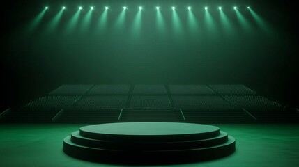 A photo of an empty 3D podium in a football stadium with fireworks in the sky, isolated on a dark green background