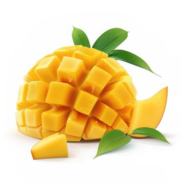 A whole mango cut into cubes with a slice and leaves on a white background.