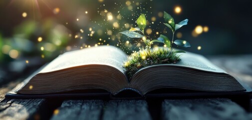 An enchanting book sprouting greenery, symbolizing growth, knowledge, and the magic of nature intertwined with literature.