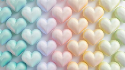 A grid of pastel-colored heart-shaped candies showcases an array of soft hues and delightful patterns
