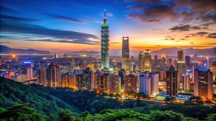 Taipei, Taiwan evening skyline with illuminated buildings and city lights, Taipei, Taiwan, evening, skyline, illuminated