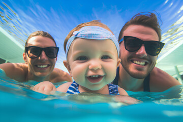 Young mum swimming underwater having fun in the pool with her child. Active family lifestyle and water sports activities with parents during summer holidays in tropical resorts