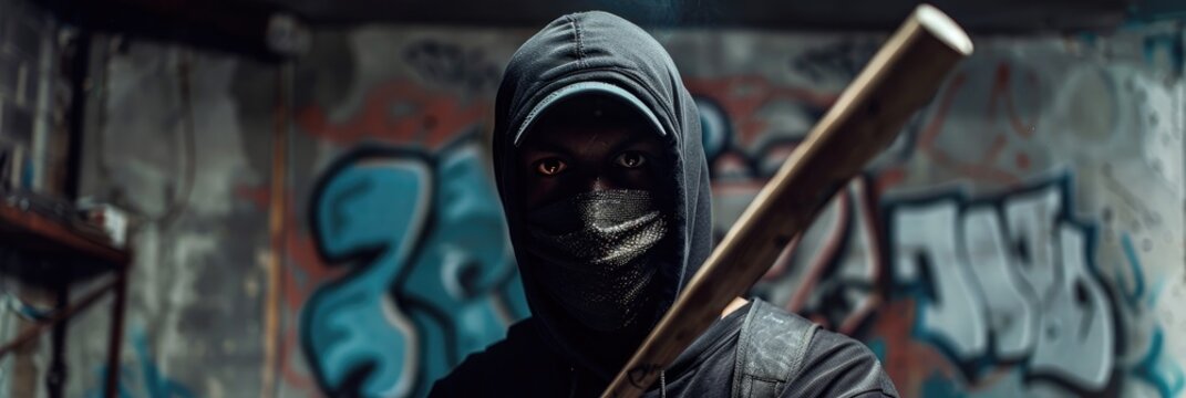 African American individual in a face mask holding a baseball bat inside a garage setting