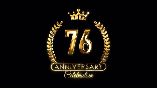 76th Anniversary Celebration. Happy 76 Years Anniversary Animation in Gold Color on the Transparent Background, Alpha Channel. Great for greetings, celebrations, events, and gifts.