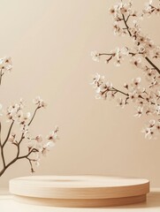 Geometric empty podium wooden platform stand for product presentation and spring flowering tree branch with white flowers on pastel beige background with generative ai