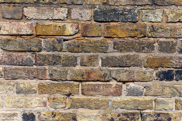 Brown grunge weathered brick wall, abstract full frame background texture with old dirty and vintage style pattern
