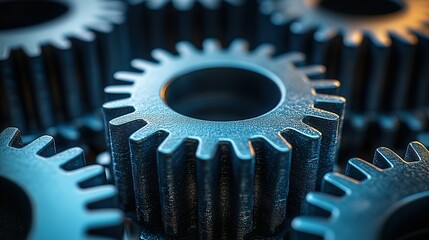 Close-up of Interlocking Metal Gears with a Blue Tinge