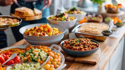 Obraz premium A table filled with a variety of international cuisine dishes including colorful salads pasta rice meat fish and vegetables arranged beautifully for a of International Food Day