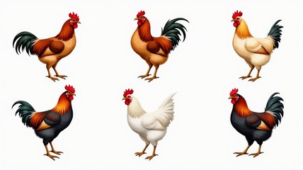 Colorful Cartoon Roosters Illustration Set on White Background - Perfect for Educational Materials and Farm-Themed Designs