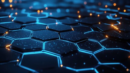 Obraz premium Abstract Hexagon Network: Glowing Blue and Orange Hexagons, Digital Network Technology Background