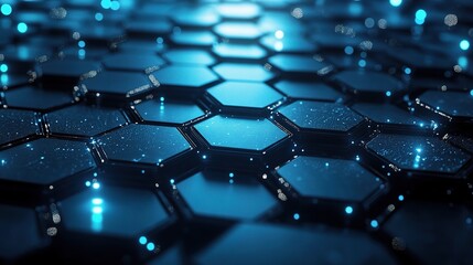 Obraz premium Abstract Hexagon Pattern: A futuristic, abstract background image featuring a close-up of a hexagonal pattern in a deep blue color.