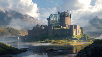 A Majestic Stone Castle with a Battle Scene Mural in a Picturesque Landscape