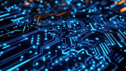 Obraz premium Circuitry in Motion: A mesmerizing close-up of a glowing blue circuit board, showcasing the intricate pathways and connections that power our digital world.