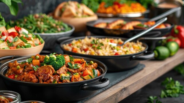 Assortment of diverse international cuisine dishes and delicacies served on a rustic wooden table creating a vibrant and appetizing setting for a celebratory food day event or gathering