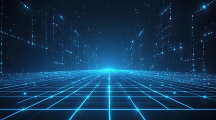 Digital Highway: A mesmerizing journey into the digital realm. Glowing blue lines form a futuristic grid, leading the eye towards a radiant horizon. Perfect for illustrating technology, innovation.