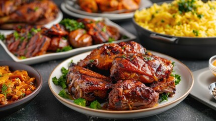 Fototapeta premium Mouthwatering African American Soul Food Feast with Variety of Comfort Dishes like Barbecued Meat Glazed Chicken and Savory Vegetable Sides in a Deep Depth of Field Setting