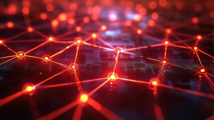 Networked Future: Glowing red nodes form a complex network, symbolizing the interconnectedness of data, technology, and the digital world.  