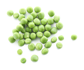 Pile of fresh green peas isolated on white, top view