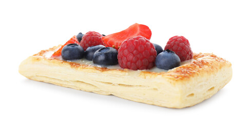 Tasty puff pastry with berries isolated on white
