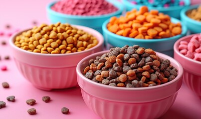 flat lay composition with pet accessories toys dry food bowl on pastel pink table pet care,training concept.