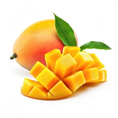 Fresh ripe mango with green leaf and slices on a white background.