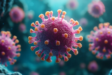 Detailed 3D rendering of a virus molecule showcasing its spiked protein structure, highlighting biological details against a blurred background.	
