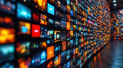 Wall of Colorful Screens Displaying Digital Content