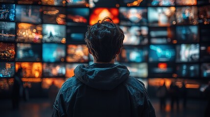 Obraz premium A Man Standing in Front of a Wall of Blurred Screens