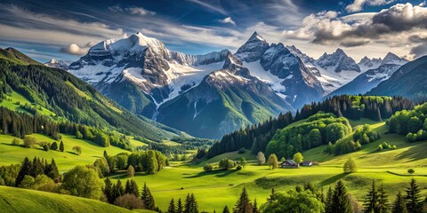 Mountain landscape with snow-capped peaks and lush green valleys, mountains, landscape, nature, scenery, outdoors, wilderness