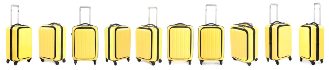 Set of yellow suitcase on white background, view from different sides