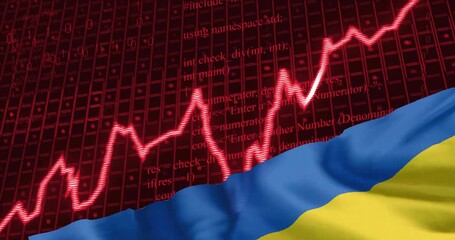Rising stock market graph animation over Ukrainian flag with programming code background - Powered by Adobe