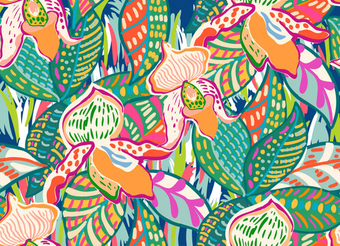 Tropical pattern with multicolored hand drawn elements. Leaves and flowers pattern perfect for textiles and decoration
