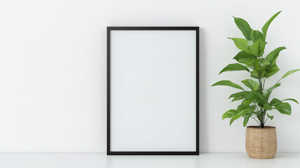 3d render of simple vertical black frame mockup on white wall, front view.