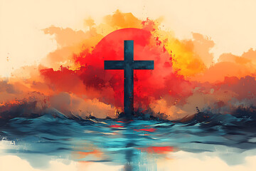 Obraz premium Minimalistic illustration of a cross centered on a plain , emphasizing simplicity and contrast. 