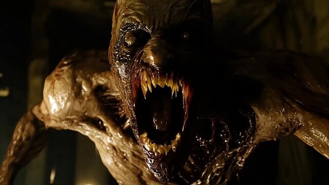 Pushing towards the mouth of a scary hell demon with dripping sharp fangs for Halloween meme.