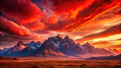 Naklejka premium Red landscape with majestic mountains and a vibrant red sky, mountains, landscape, red, sky, vibrant, scenic, nature